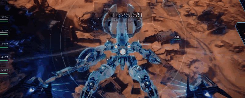 《解限机》中白虹机甲战斗画面，机体悬浮于空中，周围环绕电子干扰特效，远处有敌方单位被标记