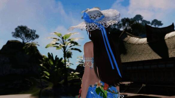 头饰吾爱・云间海展示图，白色编织帽配蓝色蝴蝶结，充满海洋清新感