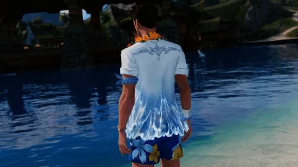 白衫与短裤组合展示，背面水蓝渐变纹理与黄色花叶图案交相辉映