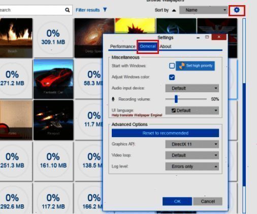 设置界面展示多个功能模块，其中General为当前选中状态