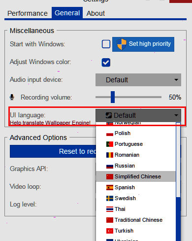 UI Language下拉菜单展开，列表中包含Simplified Chinese选项