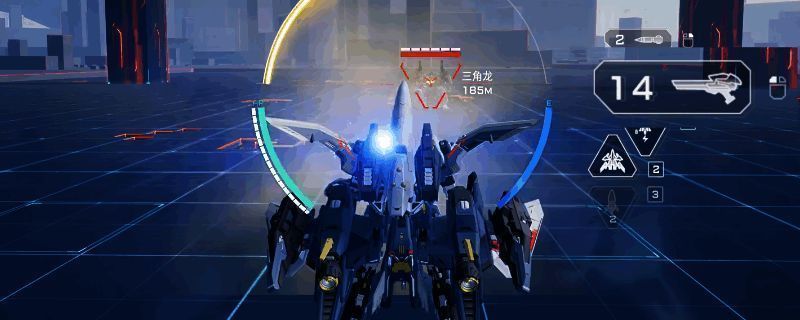 天袭者机甲在战场上高速飞行并释放能量光束攻击敌人