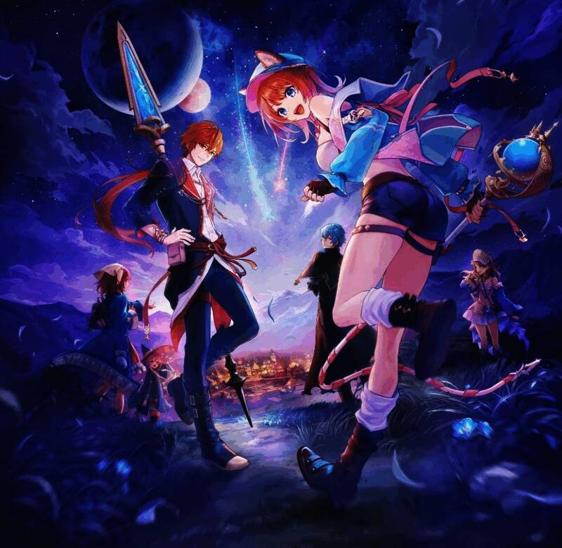 两位主角并肩站立于夕阳下，背景为重建中的赫尔芬城