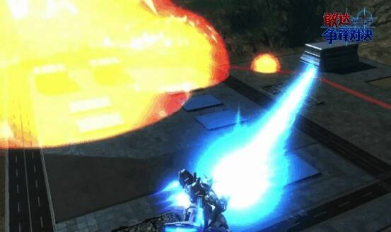 异灵敢达发动必杀技，空中横扫长照射造成大范围爆炸