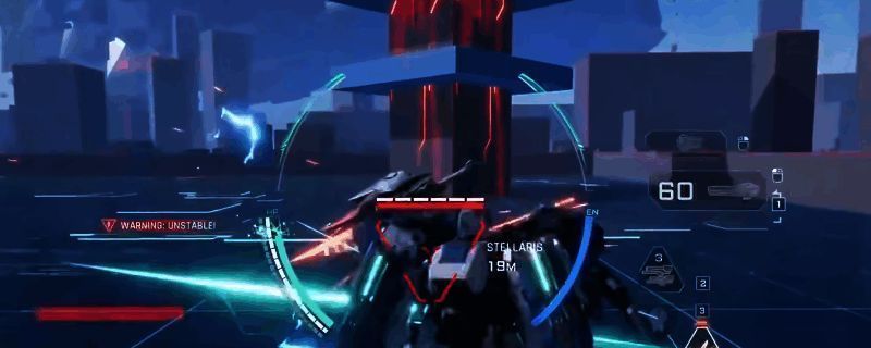 飞景机甲手持基式军刀进行高速突袭的画面，背景为未来都市战场