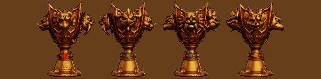 奖杯细节特写，四圣兽雕刻栩栩如生，展现精湛工艺与神话意境