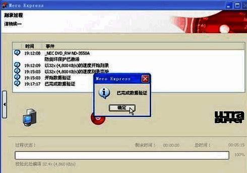 Nero Express 刻录进度与校验界面截图