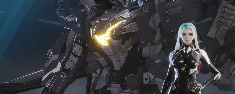 《解限机》中天袭者机甲正在进行空中轰炸，机身展开变形结构，背景为战场废墟