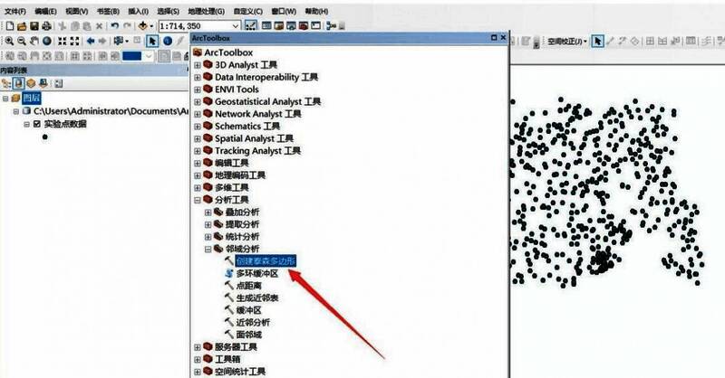邻域分析子菜单展开，创建泰森多边形选项被选中