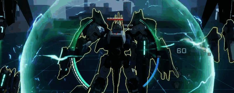 《解限机》游戏内机甲战斗场景，龙渊机甲在战场中央释放强力技能