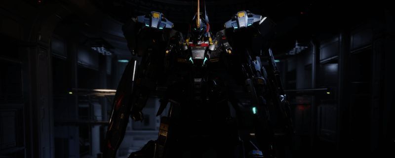 龙渊机甲高达风格涂装效果图，机体呈现蓝红配色，线条分明，细节丰富