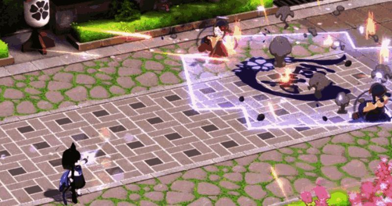 战斗场景图，桐生桔梗站在后方指挥，周围队友处于增益状态