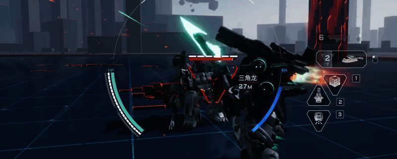 《解限机》中赤霄机甲持重型斩斧战斗的场景，动作凌厉，背景充满未来科技感