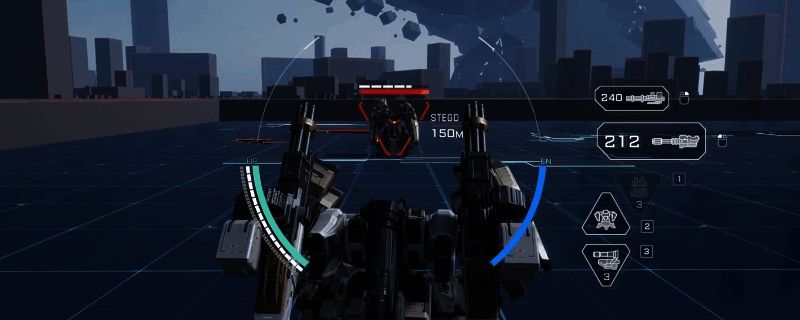 三角龙机甲展示图，机体厚重装甲覆盖全身，配备大型武器系统