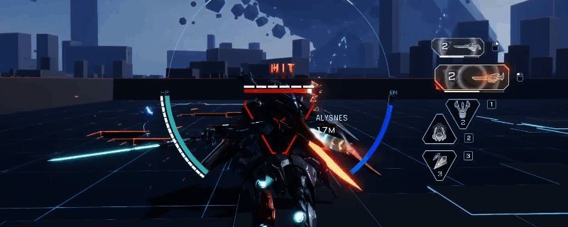 《解限机》中飞景机甲展示双刀战斗姿态，背景为未来科技城市