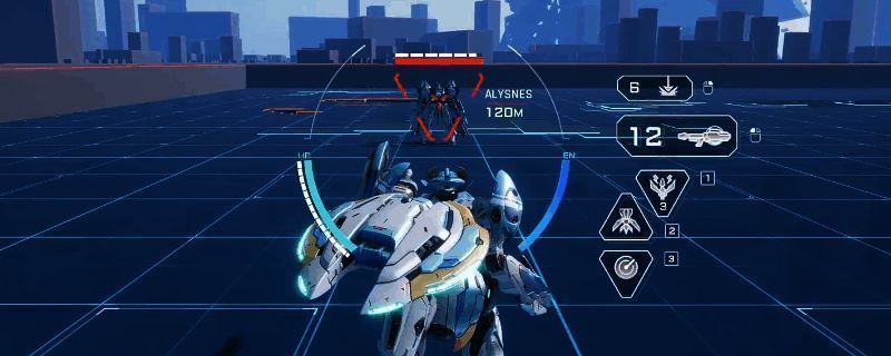 《解限机》中白虹机甲展示穿墙攻击特效，蓝色能量束穿透墙体直击敌方