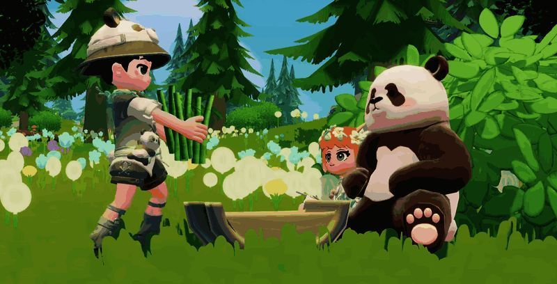 熊猫在竹林中悠闲地吃着竹子，周围环境绿意盎然