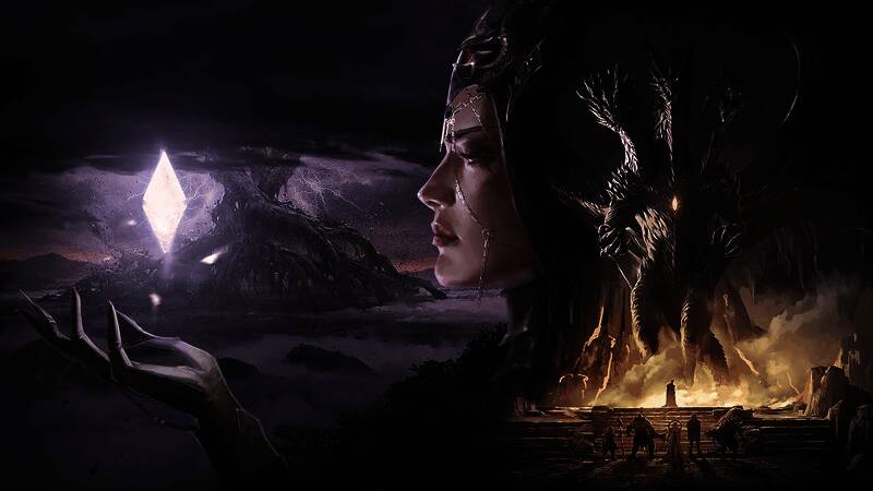 黑暗女士身着华丽长袍，眼神复杂地望向远方