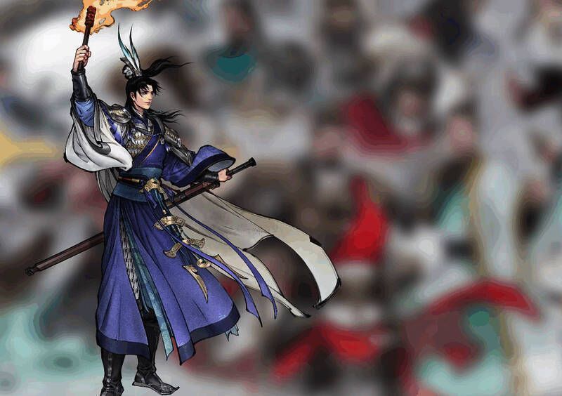 吕蒙战斗形象，身披铠甲，手握长枪，目光锐利