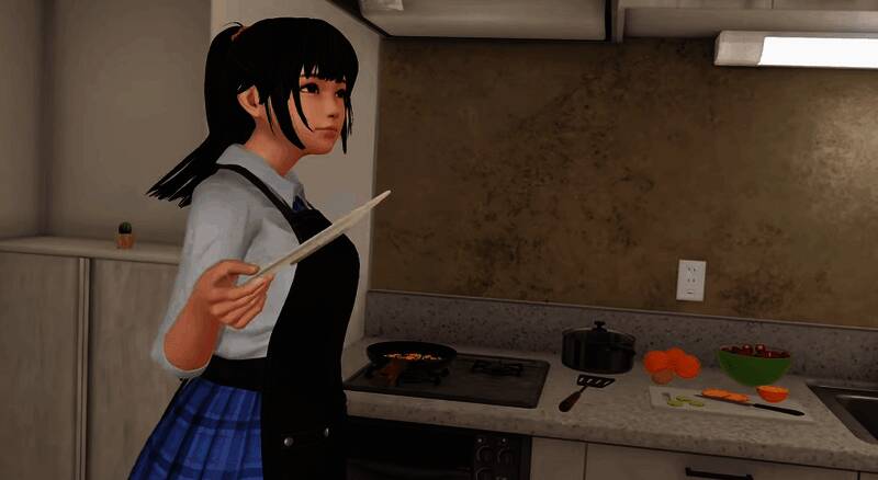 玩家与女主在虚拟房间中互动场景，氛围温馨浪漫