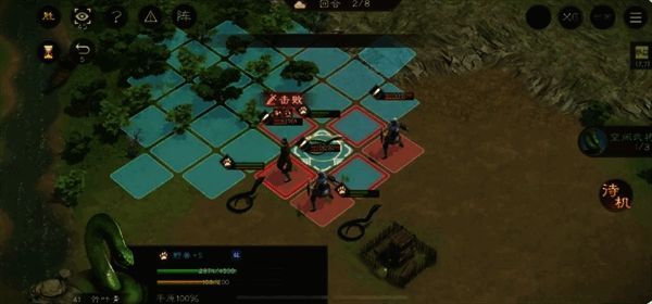 毒蛇走位画面，左侧小蛇挡路防止农民逃脱，其他蛇继续攻击