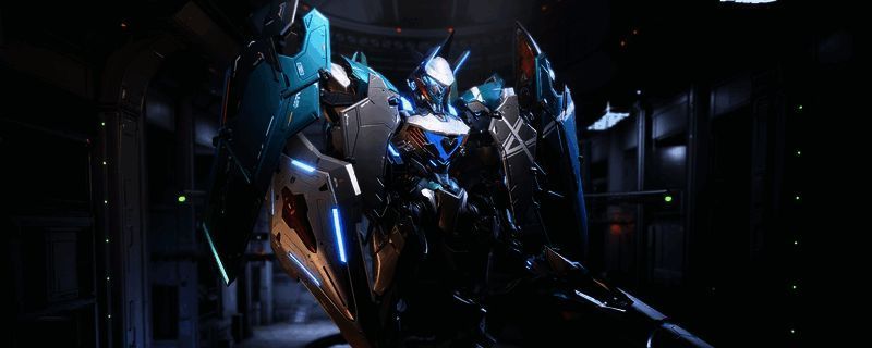 《解限机》中矛隼机甲施展落叶飘动作，机身腾空旋转，视觉特效流畅动感