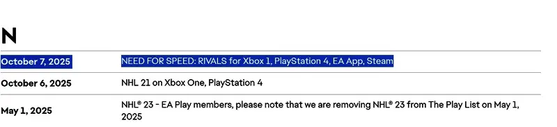 EA官网截图显示《极品飞车18》即将下架