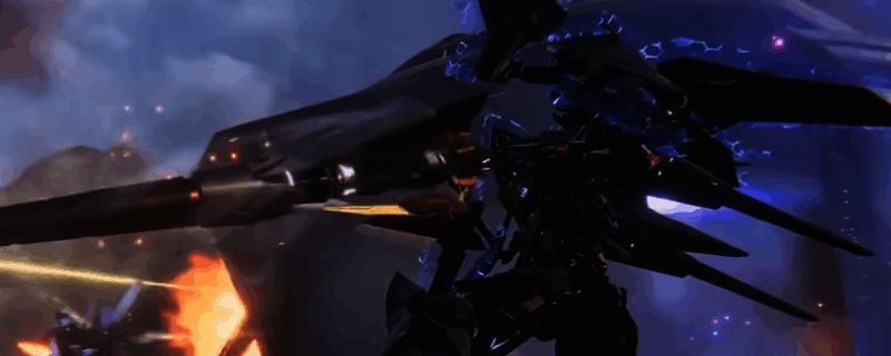 《解限机》游戏画面展示龙渊机甲战斗场景，光剑挥舞特效炫酷，背景为未来都市战场