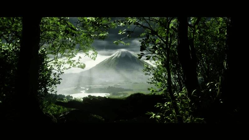 角色手持武士刀，在夕阳下凝视远方的剪影画面