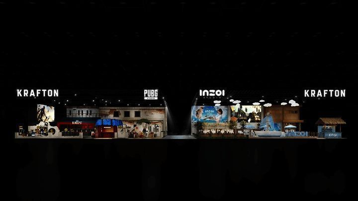 KRAFTON展台外观全景图，充满科技感和游戏氛围