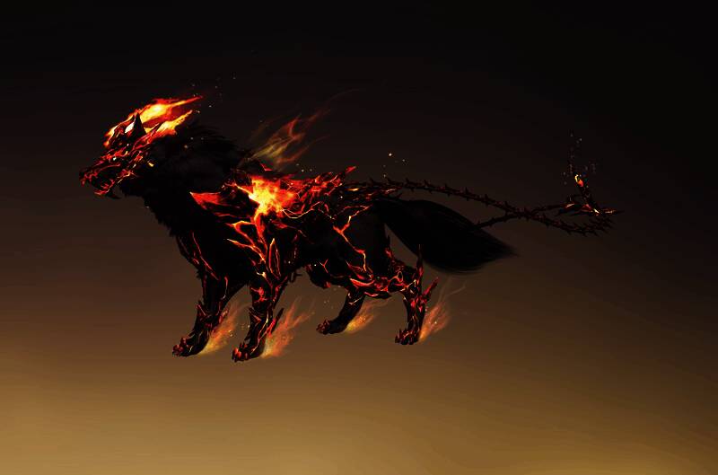 坐骑【啸月·覆火海】展示图，巨型火狼形象，火焰缭绕，极具视觉冲击力