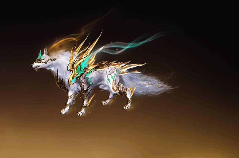 进阶坐骑【啸月·驰星汉】展示，通体银白，冰晶狼角散发星光，梦幻感十足