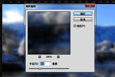 Photoshop界面展示高斯模糊设置窗口，右侧预览图显示模糊后的效果