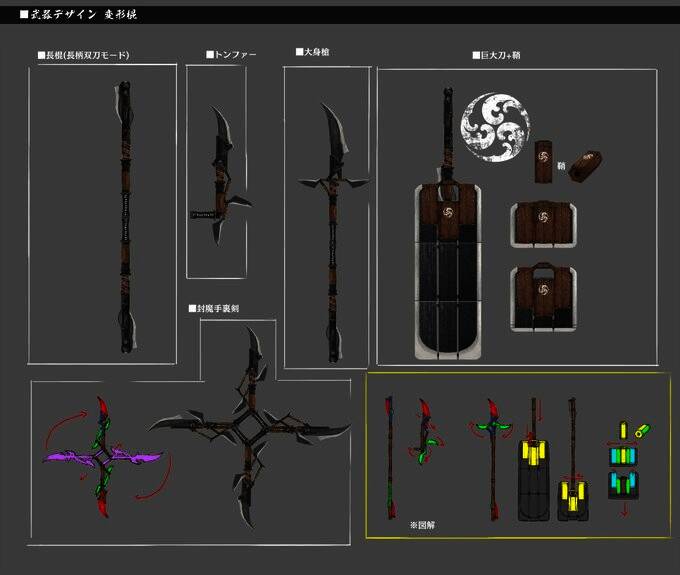 变形棍武器设计图，展示其形态变化与机械结构细节