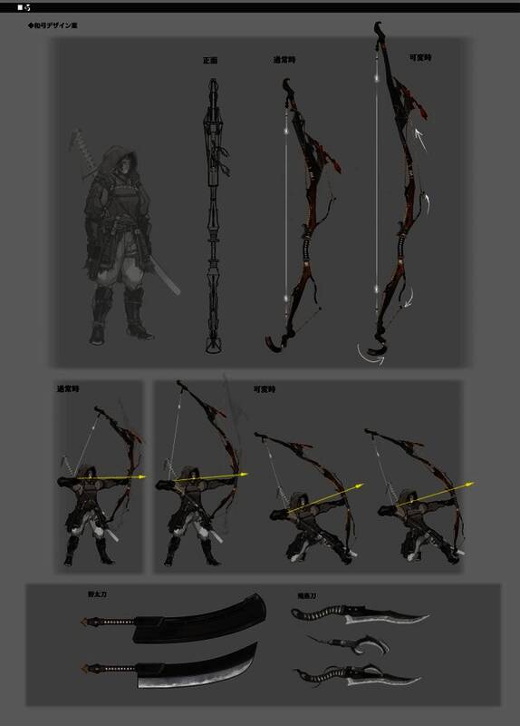 弓武器设定图，体现其伸缩结构与精细材质处理