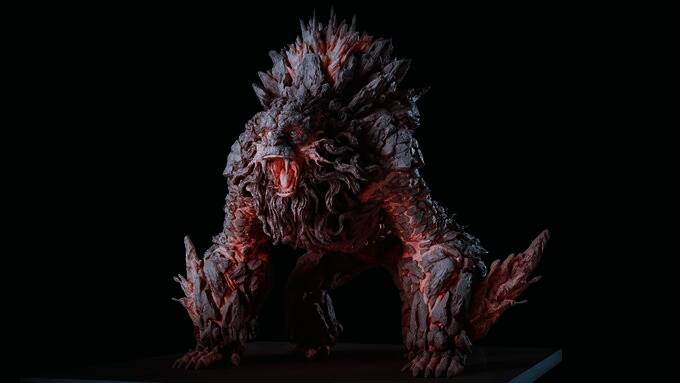 炼狱猿怪物设定图，呈现熔岩覆盖的肌肉与动态姿势