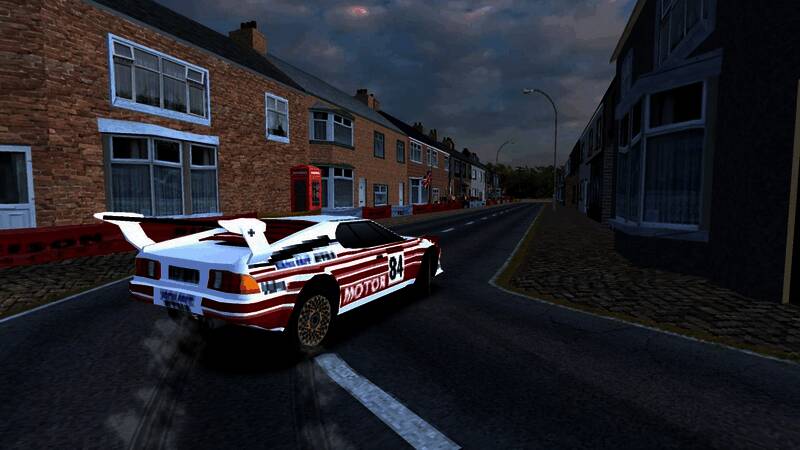 游戏中复古风格的赛车画面，背景为像素化城市街道