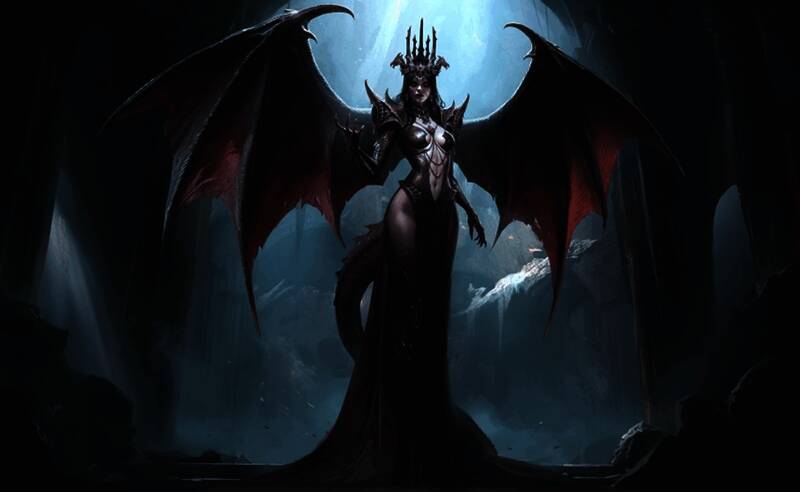 黑暗女士与主角对峙场景，背景充满神秘符文和光影效果