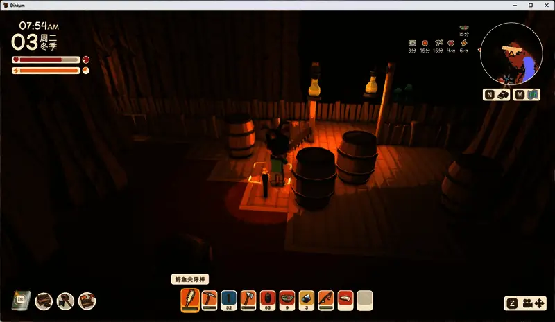 矿洞内部结构示意图，标注木桶、栅栏与灯具位置