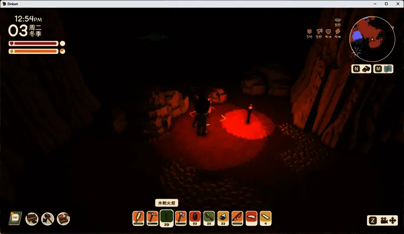 角色正在敲击大石堆，背后可见多个铁矿石掉落