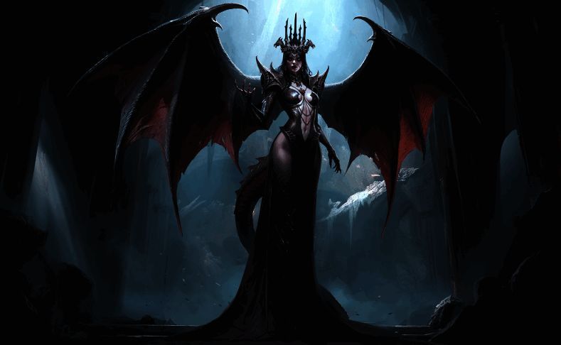 暗黑女士全身立绘展示，身穿黑色铠甲，披风破损，金色竖瞳凝视前方