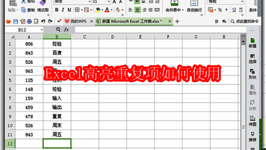 Excel界面展示，包含带重复项的数字和词组示例