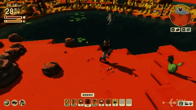 玩家在岸边与变异鳄鱼对峙，准备展开战斗