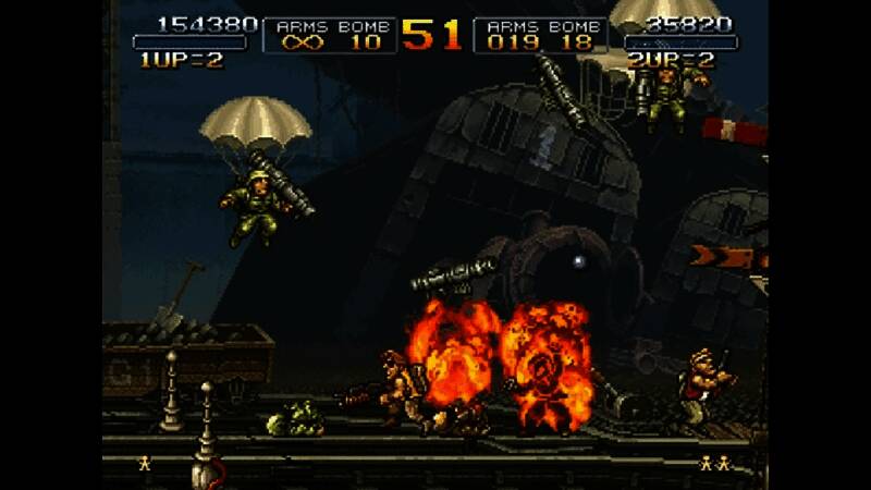 《合金弹头》经典战斗场景，角色在爆炸背景下进行射击