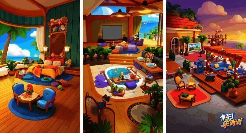 海岛建造系统展示，玩家可打造个性化度假小屋与景观区域