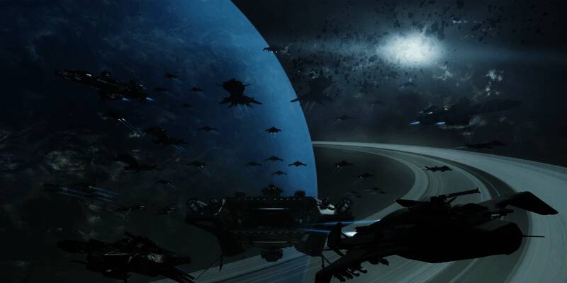 《星际公民》玩家飞船在太空中航行，周围漂浮着敌方残骸与能量光束