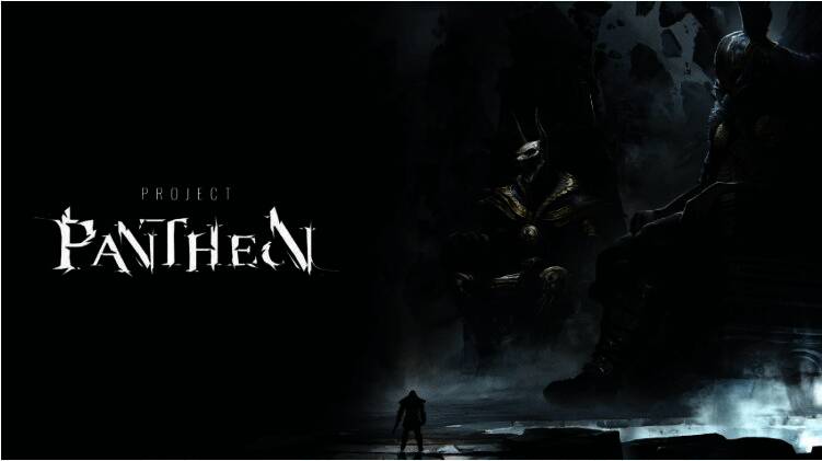 《Project Pantheon》封测宣传图，黑暗风格背景中展示游戏LOGO与角色剪影