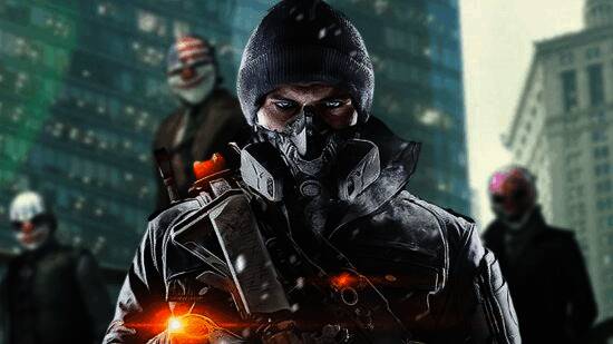 《全境封锁2》×《收获日》联动海报，展示多款经典劫匪面具与游戏角色同框画面