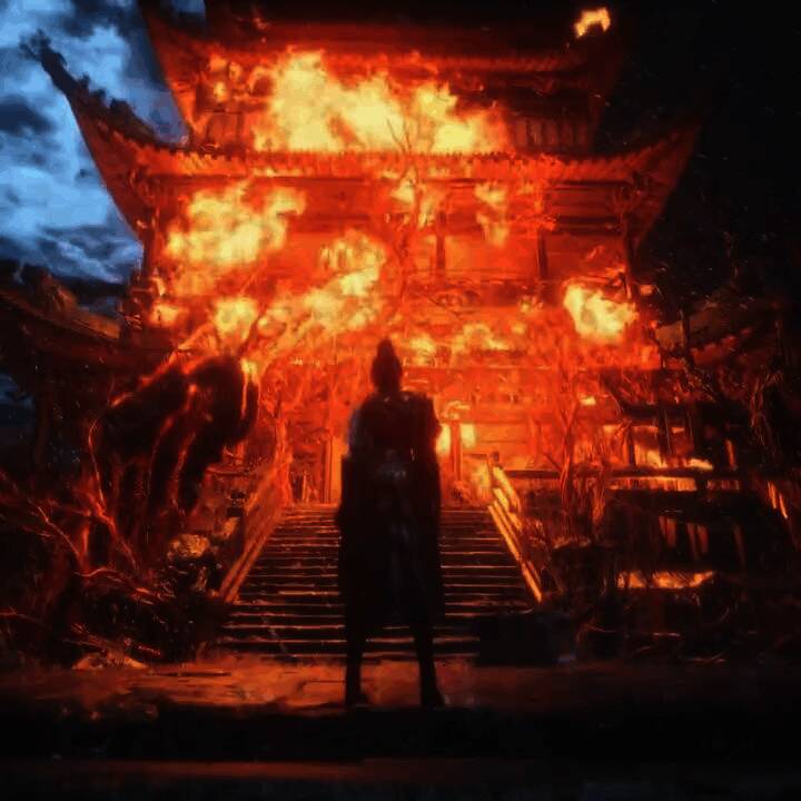 Boss战画面，巨大怪物挥舞利爪，主角闪避反击瞬间定格