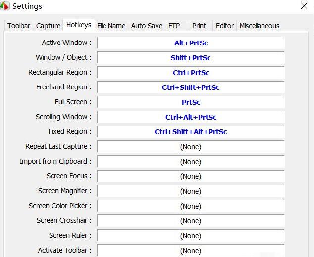 Hotkeys设置界面，展示各项功能对应的默认快捷键